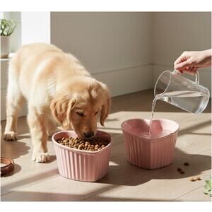 Pink Ceramic Raised Pet Bowl Tilted Elevated Cat Dog Food Water Dish Chip